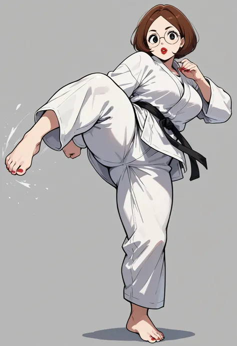 score_9, score_8_up, 1girl, solo, meg, brown hair, black eyes, pawg, looking at viewer, red lips, round glasses,  karate gi, kicking, pose, thick thighs, barefoot, nail polish, large breasts
.