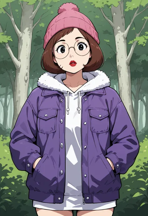 score_9, score_8_up, 1girl, solo, meg, brown hair, black eyes, pawg, looking at viewer, red lips, round glasses, cowboy shot, purple fur-trimmed jacket, pink beanie, pawg, nose. snow forest
