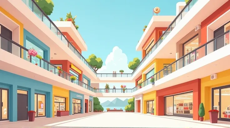 an interior of a three-story mall divided equally by the screen, The art style is more cartoon and the mall has a lighter color palette, Each floor has a few stores, preferably in a flat shape