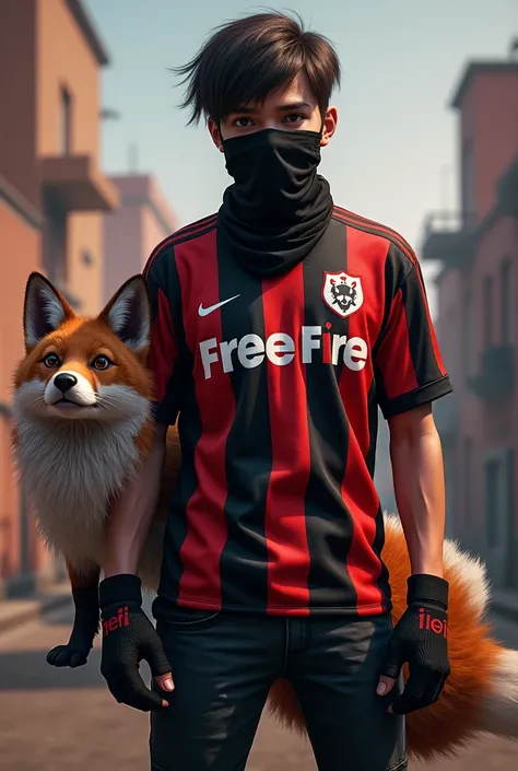 The image shows a character from a video game, wearing a black and red striped shirt with a \"Free Fire\" logo and the name \"JANBRO92\" on it. The character has a black bandana over their mouth and a pet fox-like creature is standing next to them.