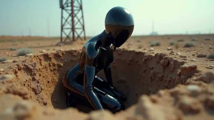 20 year old petite russian blonde female  wearing full body  black latex catsuit ,  tunneling into the ground with a shovel    planting a Communications Tower into the ground  