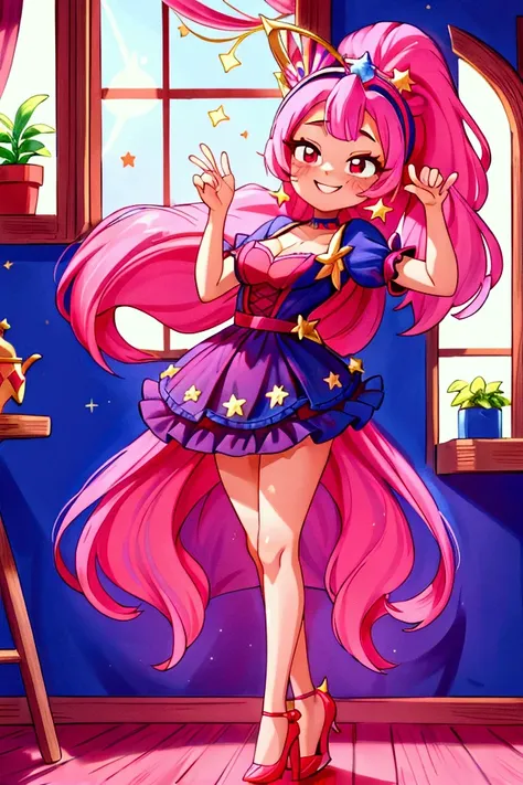 (masterpiece, best quality) standing, indoor, intricate detail, sunlight, dark blue navi frill dress, red heels, pink hair with a high ponytail, smile face, red eyes, cute stars diadema, smiley and sexy expression, sexy pose, coquette, gorgeous legs, matur...