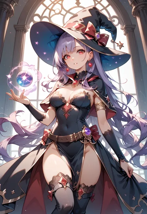 ((masterpiece, best quality, ultra detailed, high resolution, detailed facial description, perfect eyes)), (1 woman, solo), (purple hair, very long hair), (beautiful eyes, red eyes), (wizard costume, black costume), (wizard hat), belt boots, (magic armlet,...