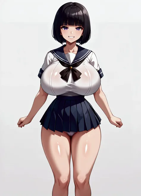 one girl,(Best Quality,8K,High resolution,anime color:1.2)bob cut,Blunt bangs,thin waist,shiny skin,(sailor uniform,very short pleated miniskirt,panty shot:1.3),(White background:1.2),,Looking at viewer,(huge breast,grin)