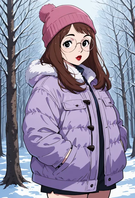 score_9, score_8_up, 1girl, solo, meg, brown hair, black eyes, pawg, looking at viewer, red lips, round glasses, cowboy shot, purple fur-trimmed jacket, pink beanie, pawg, nose. snow forest
