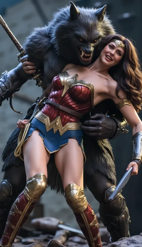 Gal Gadot is Wonder woman, fighting with the Steppenwolf, a very beautiful Gal Gadot face, very bright white skin, brown hair, painful face, unconscious, eyes close, bound arms by chain behind her back, she is defeated, the Steppenwolf severely assault fro...