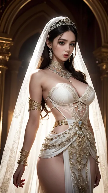 charming woman in white thin sheer flowing-skirt, intricate jewelry at suit, stands at corridor in the castle. Dramatic lighting accentuating intricate costume details. Alluring expression gazing at viewer. Glamorous high-fashion style, extreme closeup sho...