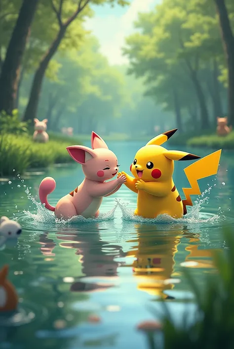 Les Pokémons Pikachu et Mew jouent ensemble dans l’eau. C’est une marre entourée de forêts et de plein d’autres Pokémon. 