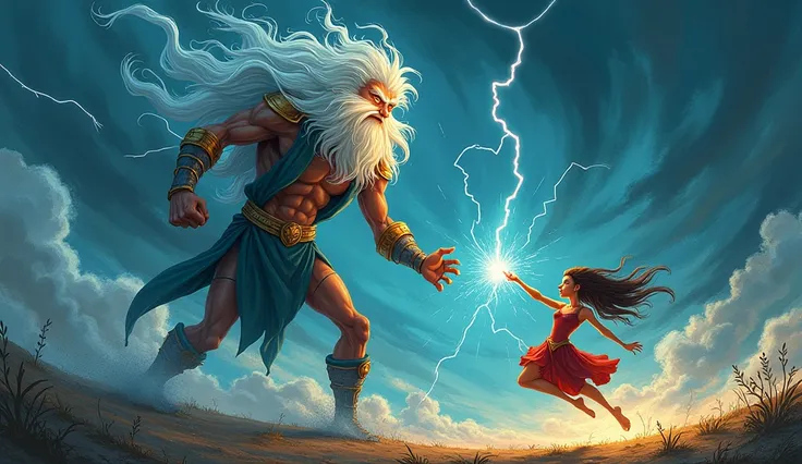 storm king threw balls of lightning at a girl, but she dodged them nimbly (art like disney)