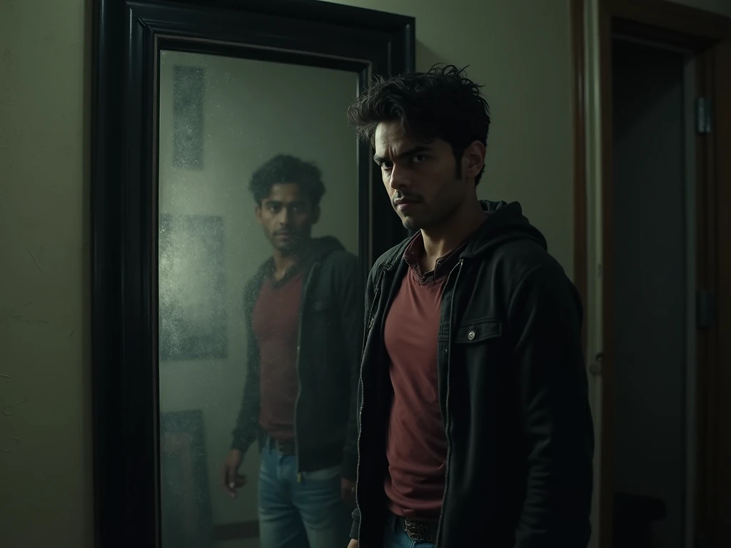 The room with the mirror. The mirror is large, framed with black wood, dusty, and old. There is a faint glow around the mirror Imran – He approaches the mirror with caution. His expression is filled with uncertainty and fear. As he wipes the dust off the m...