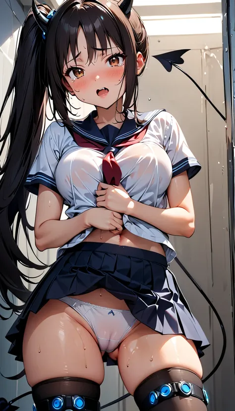 (Slender, (12yo), large breasts, cameltoe,(bowl cut)), (くびれ), (school uniform), (Navy mini skirt), white panties, (1girl, Reica Shimohira, GANTZ), ((super long), side ponytail), brown eyes, black hair, beautiful detailed eyes, (cute eyes), black thigh high...