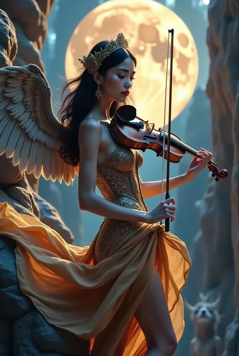 photorealistic an heavenly goddess playing violin(holding violin:0.6) in stunning moment with a glorious heavenly sky, transition movement background, violin, music, singing, looking to viewer, low angle shot, UHD, intricate detailed, 8k, best quality ever...