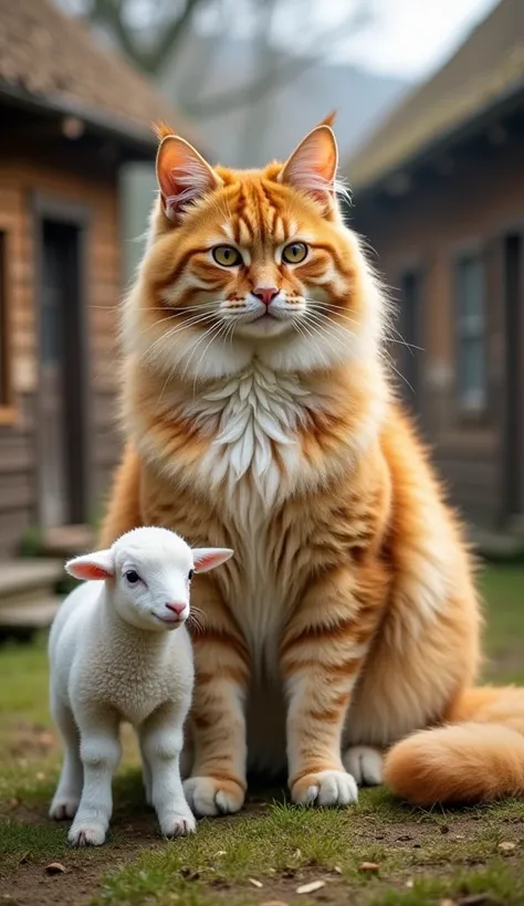 "An oversized, fluffy orange tabby cat with white markings sitting outdoors in a rustic village setting, next to a small white lamb. The cat looks majestic and calm, with a confident stance. The lamb is standing close to the cat, creating a charming and su...