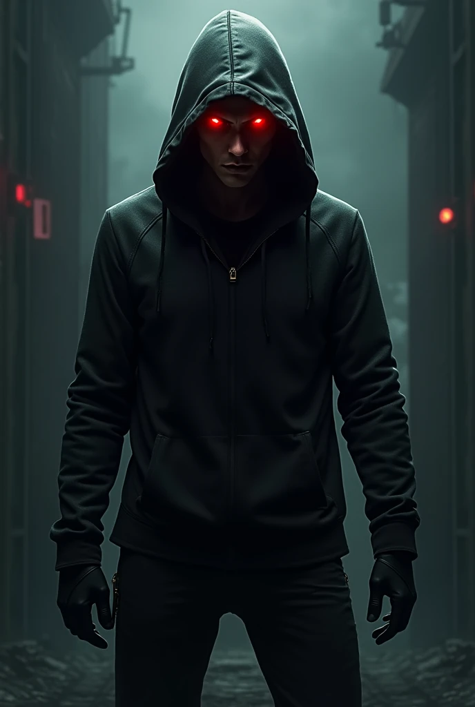 Make a poster type image of character who is a hacker standing with red eyes 