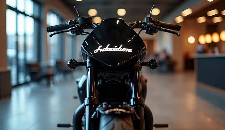 Black shiny colour front view 2025 Harley-Davidson
the showroom.The front plate reads  "-Davidson"    view highlighted.