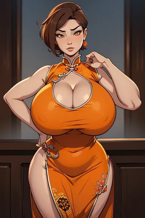 SFW, (Chinese dress, keyhole cleavage), (gigantic breasts, huge breasts, Big breast), arms behind back, firm breasts, slim waist, curvy figure, (brown_hair, orange_eyes), short hair