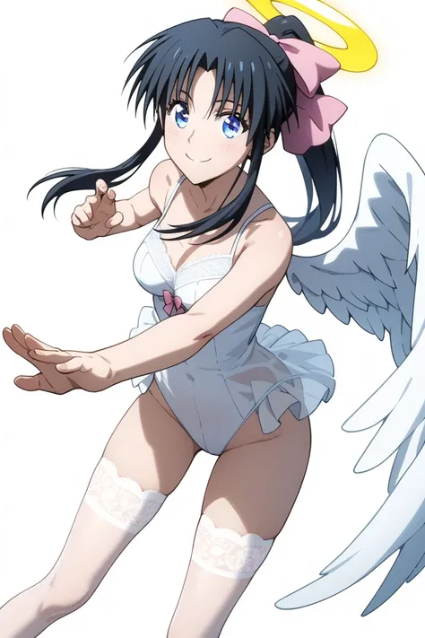 Half body, face focus, MASTER PIECE, HIGH QUALITY,  HD, 4K(((((Kamiya Kaoru wearing seethough lace-dress, angel wings, see_through thighthose)))), (((sexy body))), ((((perfect girl anatomy)))), BLACK LONG HAIR, long ponytail hairstyle, pink hairbow, PERFEC...