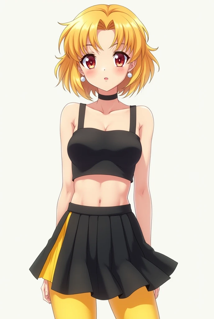  Anime style woman of approximately 25 years old, with white skin, soft red eyes ,  short, loose hair up to the ears, golden yellow with waves like mimet from the anime Sailor Moon wearing a black strapples top and a short black skirt with yellow in the pa...