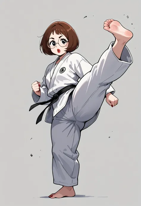 score_9, score_8_up, 1girl, solo, meg, brown hair, black eyes, pawg, looking at viewer, red lips, round glasses,  karate gi, kicking, pose, thick thighs, barefoot, nail polish, 