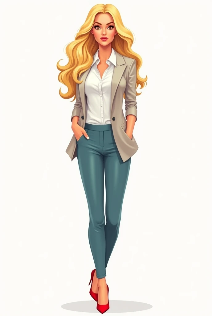  draw a vector of a woman with long wavy hair , blonde.  She is wearing a professional outfit consisting of a light-colored blazer, a white blouse, blue-green pants and red high-heeled shoes . she has brown eyes and has a nose with a lower and wider nasal ...