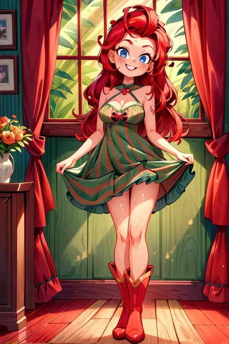 (masterpiece, best quality) standing, indoor, intricate detail, sunlight, dark green striped frill dress, red boots, red hair, smile face, blue eyes, smiley and sexy expression, sexy pose, coquette, gorgeous legs, mature ager body, lovely, gorgeous body, p...