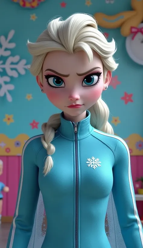 Elsa from Frozen very pretty ,With an angry face,  with the tracksuit from the game of squid,  in a playroom . with a , with a snowflake painted .dreamsworks  