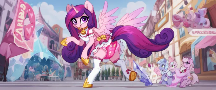 Lonely Pony-Alicorn  ,  adult anthropomorphic mare, Cadence  , , the mane is gathered in a pink and gray hood , purple eyes, stands on four hooves with a view of the ass  ,  with her hind hooves wide ,  walks through the streets of the city , flaunting him...