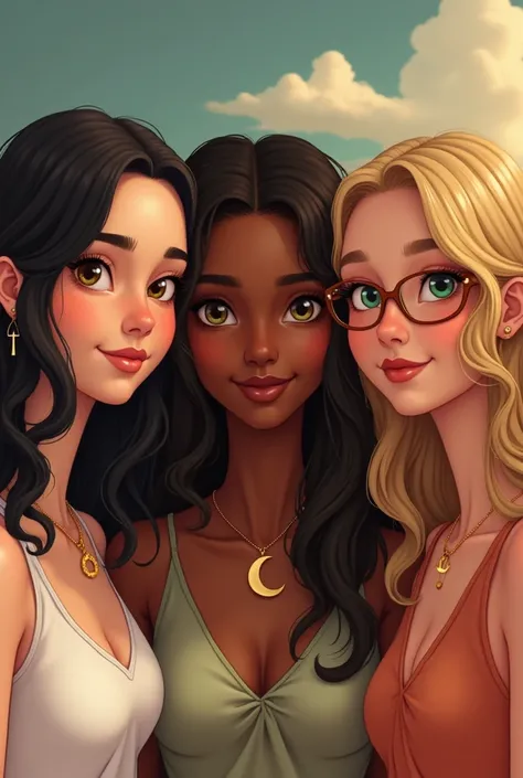 Create an image with three friends in very sharp animation and away from the most realistic screen, one with white skin and light brown eyes,  long wavy black hair with a moon pendant ,  the other with dark skin  , In the color of the eyes brown with strai...