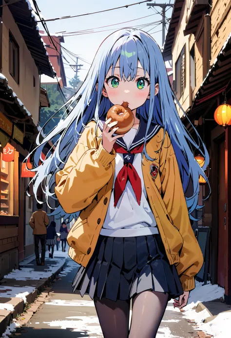 Prohibited bibliography,  green eyes,( green eyes:1.5), Blue Hair,  long hair, ( flat chest:1.2),White muffler,Sailor suit,Yellow cardigan , black mini pleated skirt ,black rib tights ,   gray pantyhose , Brown loafers,snow,evening, grabbing a meat bun wit...