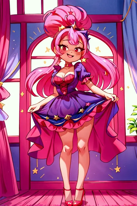 (masterpiece, best quality) standing, indoor, intricate detail, sunlight, dark blue navi frill dress, red heels, pink hair with a high ponytail, smile face, red eyes, cute stars diadema, smiley and sexy expression, sexy pose, coquette, gorgeous legs, matur...