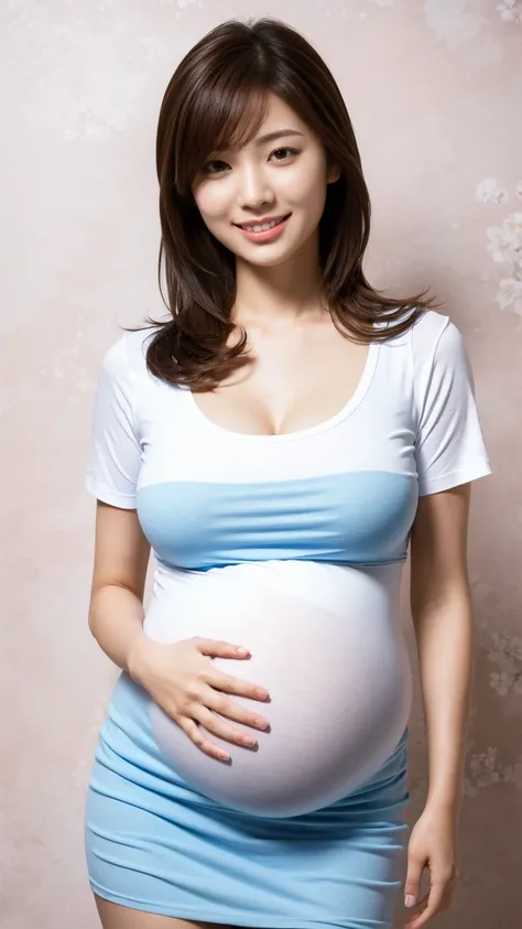 (Masterpiece,High Quality),(clear shots) ,  Japanese ,Woman,3 layers hairstyles ,(huge breasts),(huge pregnant),(looking at the front), T shirt and miniskirt, wallpaper concept, sweet smile, 