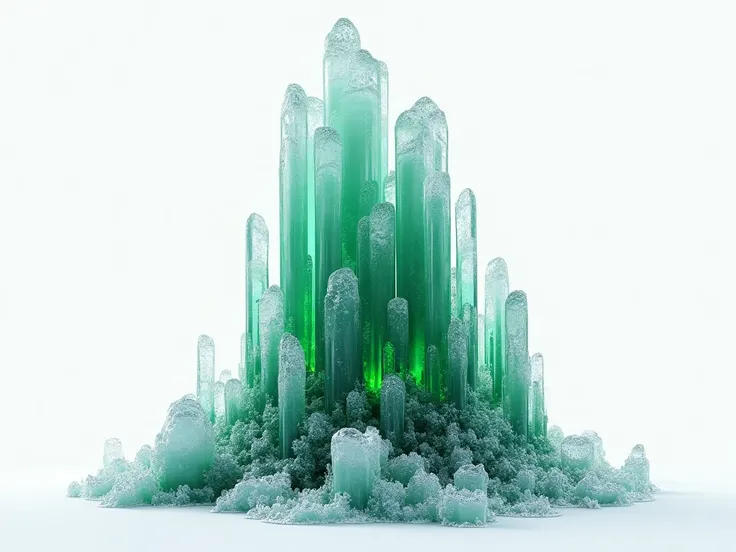 Malachite stalacmite, frosty, icicles, white background