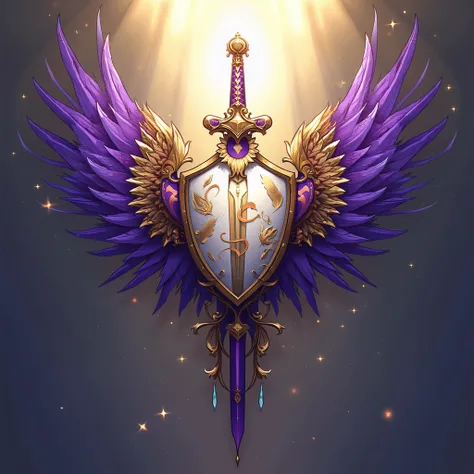 I need a coat of arms with a shield, crest, sword and magic rod in the middle, with wings on the side, a bit of purple, white and golden shield, divine, digital painting artstyle, anime artstyle, very intricate, (((a lot of ornements))), (((insane amount o...