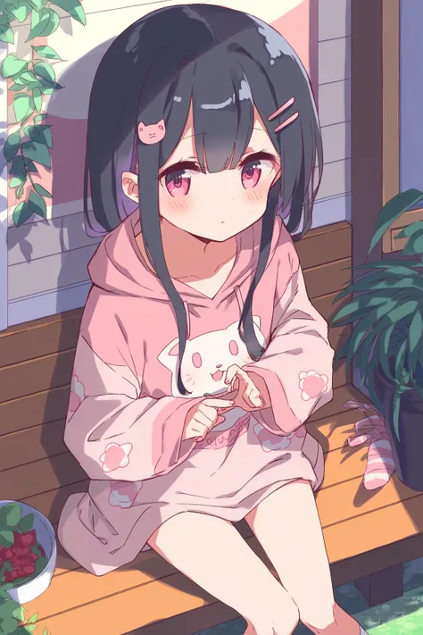 Young girl,, black hair,Erotic,nsfw,Petite,Young,Young girl体型, ,outside, oversized,big pink cat print hoodie,Petite,blush,,blush, being watched, is standing, Moe sleeves, cute,v,Beautiful legs, is sitting,