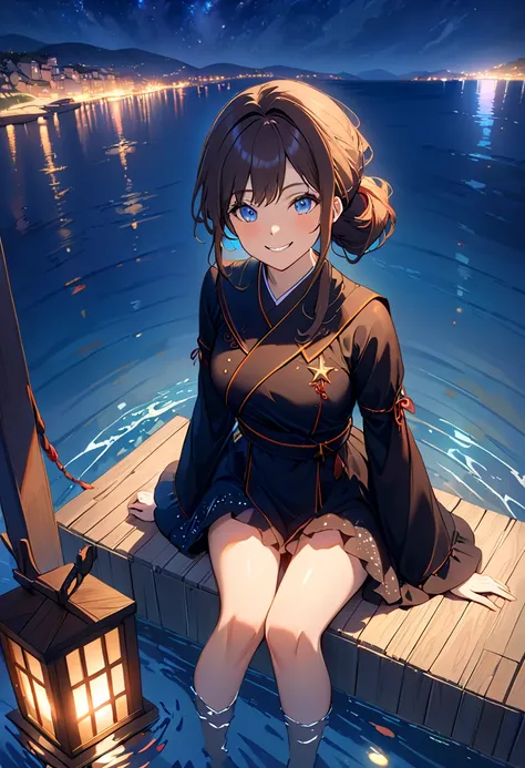 ((Masterpiece, best quality ,   Details)),  box, ( 1 girl sitting underwater:1.2), Alone, ( bewitching smile:1.3), chest,  is standing,  watching viewers with the harbor at night in the background , (sea:1.3),(Starry Sky :1.3) ,  