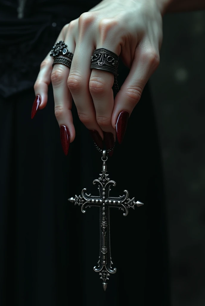  an image of a female hand holding a chain with a Gothic cross 