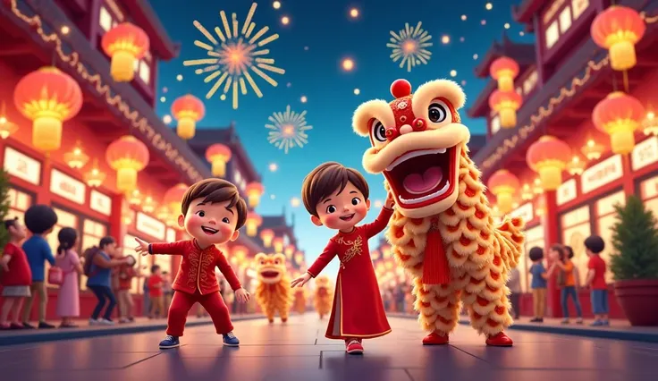 Cheerful Chinese New Year celebration in a vibrant city street, ren wearing traditional red cheongsams and changshan, holding lanterns and smiling. Colorful decorations like red lanterns, gold coins, and fireworks light up the night sky. A lion dance troup...