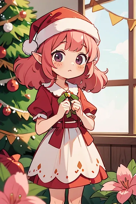 Anime girl wearing a Santa hat and dress,  Curly pink hair, cheerful，blossoms, little elf girl, Wear a Christmas hat, Kawaii chibi, curly pink hair, tchibi, Cute Art, cute character, on amino, poofy, protect, offcial art, cute drawing, Prue, Tekamba, Kawas...