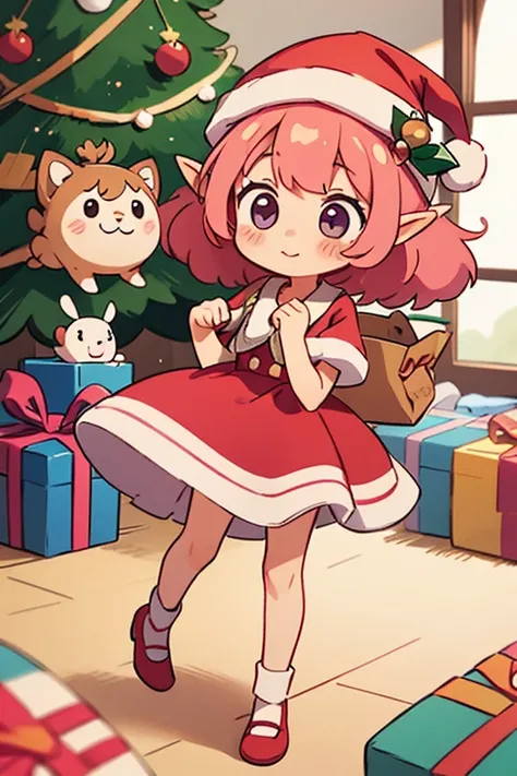 Anime girl wearing a Santa hat and dress,  Curly pink hair, cheerful，blossoms, little elf girl, Wear a Christmas hat, Kawaii chibi, curly pink hair, tchibi, Cute Art, cute character, on amino, poofy, protect, offcial art, cute drawing, Prue, Tekamba, Kawas...