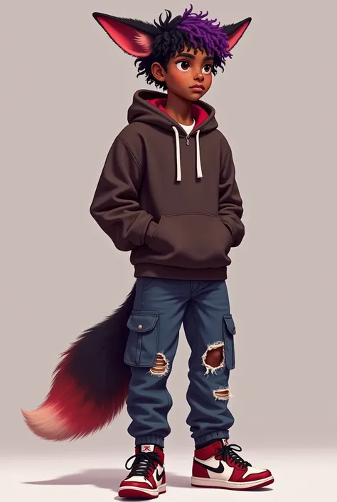 A head to toe image of a black afro-Caribbean boy Vtuber. He has long fox ears and a long tail, short and curly hair that is dyed crimson and lavender . He is dressed in a dark brown hoodie the stretches to his hip and ripped cargo jeans and air Jordan sne...