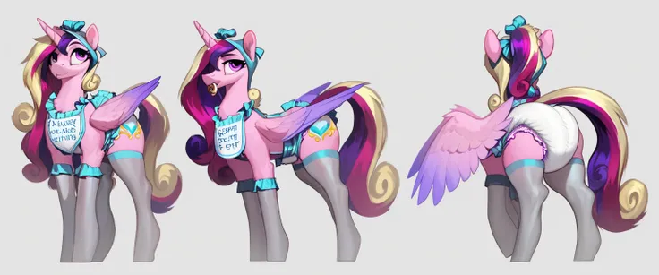 Lonely Pony-Alicorn  ,  adult anthropomorphic mare, Cadence  , the mane is wrapped in a gray-pink hood , purple eyes, stands on four hooves with a view of the ass  ,  with her hind hooves wide ,  walks through the streets of the city , flaunting himself , ...