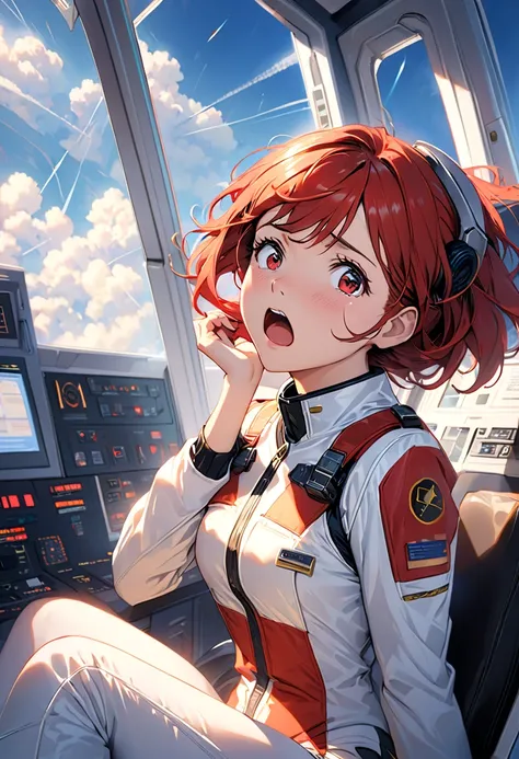 Ridiculous Resolutions,  high resolution, (Masterpiece: 1.4),  more details,  1 young woman , Short Red Hair,  pilot suit, Rich Princess, I'm sitting in an extremely small, closed mechanical control room, fearful expression crying open mouth  (1.3), In the...