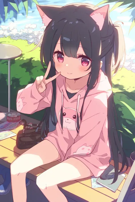 Young girl,, black hair,Erotic,nsfw,Petite,Young,Young girl体型, ,outside, oversized,big pink cat print hoodie,Petite,blush,,blush, being watched, is standing, Moe sleeves, cute,v,Beautiful legs, sitting on a chair,