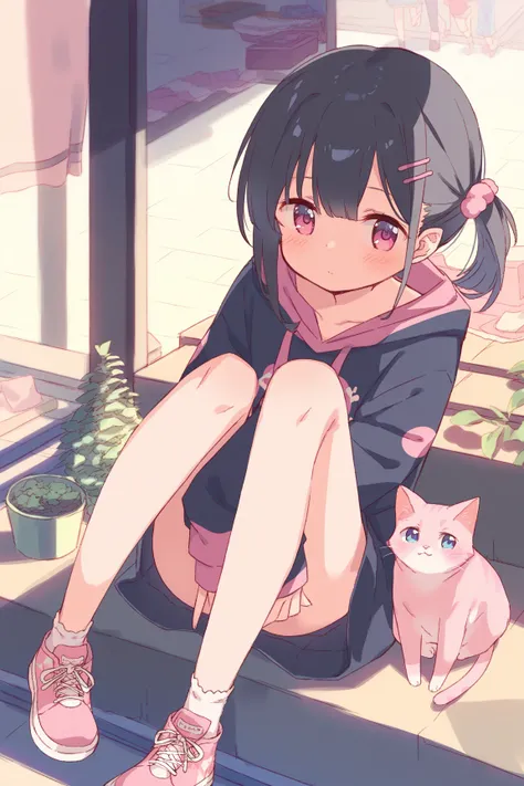 Young girl,, black hair,Erotic,nsfw,Petite,Young,Young girl体型, ,outside, oversized,big pink cat print hoodie,Petite,blush,,blush, being watched, is standing, Moe sleeves, cute,v,Beautiful legs, sitting on a chair,