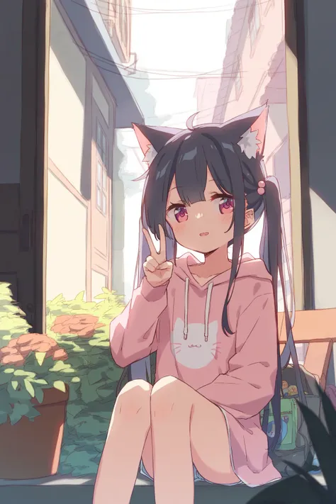 Young girl,, black hair,Erotic,nsfw,Petite,Young,Young girl体型, ,outside, oversized,big pink cat print hoodie,Petite,blush,,blush, being watched, is standing, Moe sleeves, cute,v,Beautiful legs, sitting on a chair,