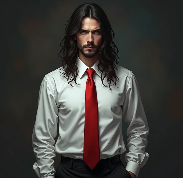 Make the man in the middle wear a long-sleeved white shirt, red tie, long hair and a mysterious face