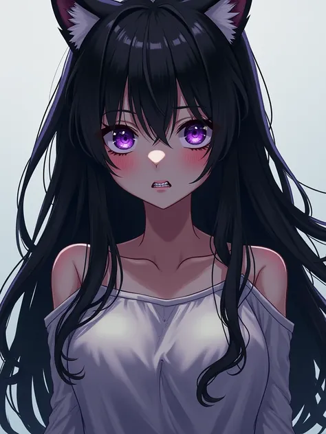  1 girl,  chest ,  black hair, Purple eyes, , anime style ,  digital art, Pixel art, Canine teeth, Cat&#39;s pupil,  chest ใหญ่, 