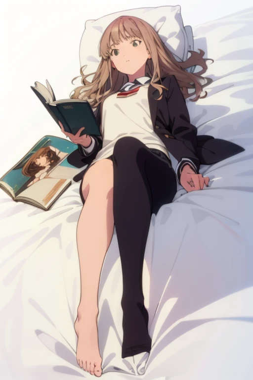 ((( lying on one's back on the bed,))),1-girl_reading a book,
yume minami,
sole of the foot,legs,knees raised,thighs,お尻,太もも_裏,
white shirt, jacket, school uniform, bed,
2D, anime, anime coloring, (solid white background:1.3), 
sharp lines,sharp colors, (((...