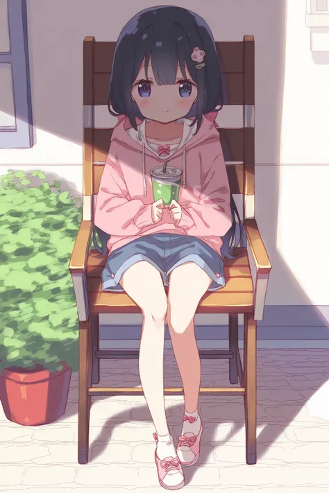 Young girl,, black hair,Erotic,nsfw,Petite,Young,Young girl体型, ,outside, oversized,big pink hoodie,Petite,blush,,blush,  is standing, Moe sleeves, cute,v,Beautiful legs, sitting on a chair, absolute domain