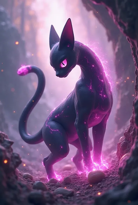 The Mewtwo mix’s with Mew. The colors are purple, pink and black. They look magic and have magic powers. They look dangerous. 